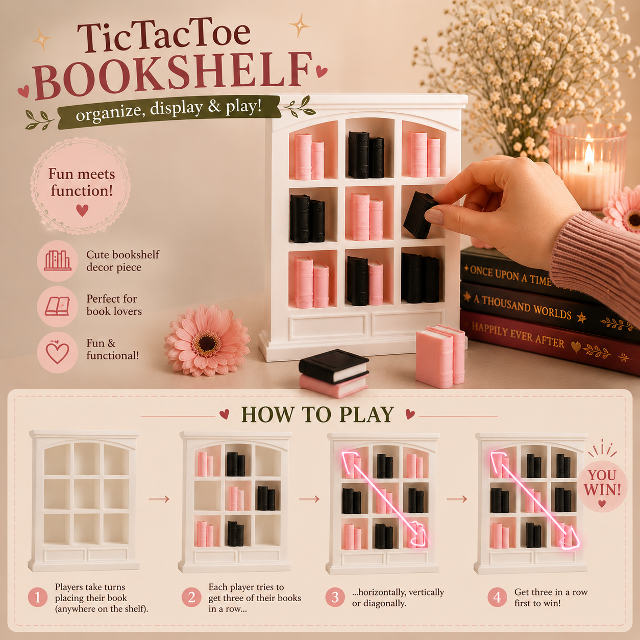Bookshelf Tic Tac Toe Game – Decorative Book Lover Edition
