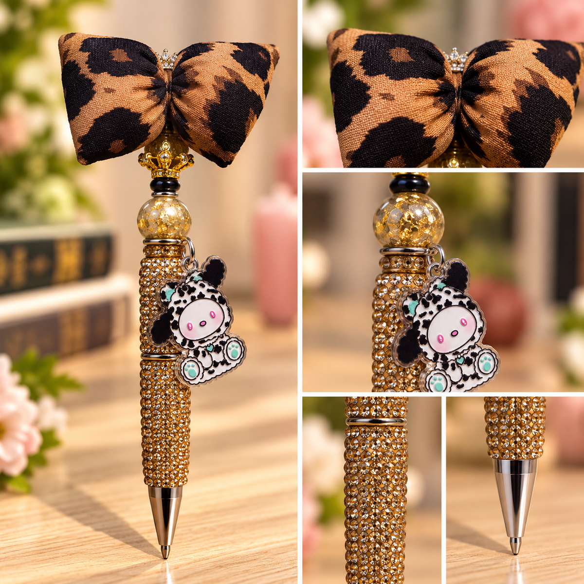 Leopard Bow Sparkle Beaded Pen