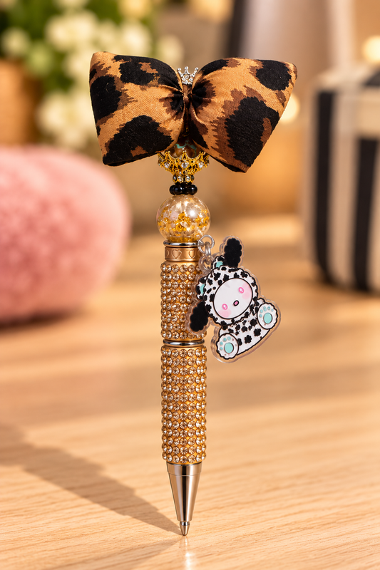 Leopard Bow Sparkle Beaded Pen