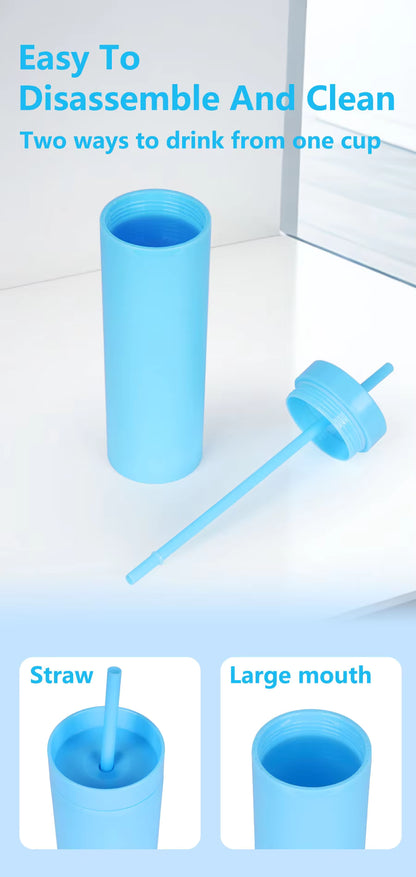 16oz Plastic Skinny Tumbler Cups with Lid and Straw
