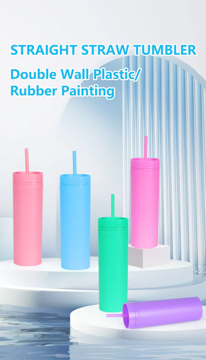 16oz Plastic Skinny Tumbler Cups with Lid and Straw